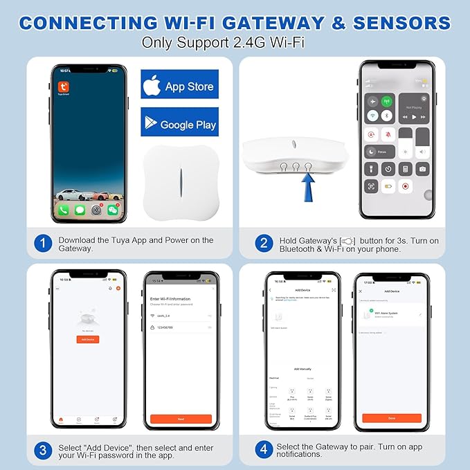 WiFi Water Leak Detectors 5 Pack, 120dB Adjustable Loud Water Leak Sensor, Wireless Wi-Fi Water Leak & Drip Alarm, App Alerts, 5 Water Alarm Sensors & 1 Hub for Home Kitchen, Bathroom, Sink, Laundry