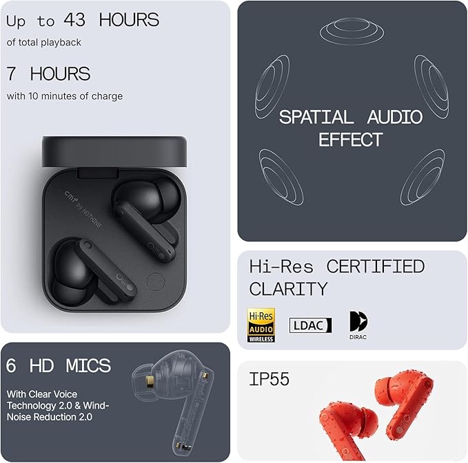 CMF Buds Pro 2 Hybrid 50db Noise Cancelling Earbuds, Hi-Res Audio with LDAC, 6 HD Mics Wireless Headphones, Smart Dial Design, Ultra Bass Technology, Bluetooth 5.4, 43H Playtime, Dark Grey