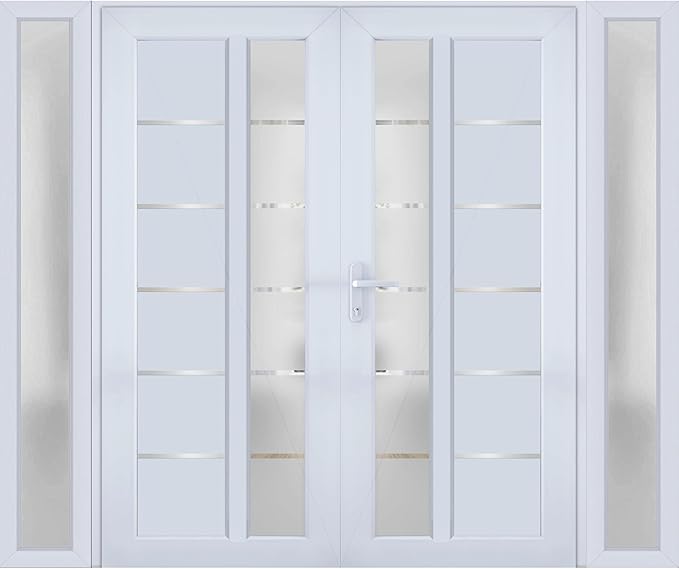 VDOMDOORS Front Exterior Prehung Metal-Plastic Double Doors/MANUX 8088 White Silk / 2 Sidelites Exterior Windows/Residential Doors Entrance Patio Garage 96 x 80