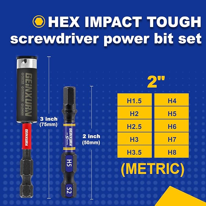 11 Pieces 2 In. Hex Screwdriver Bit set, Multi Hex Head Metric Power Bits Set, S2 Steel Hex Impact Tough Magnetic Allen Wrench Drill Bits Set with 3”Extension Bit Holder