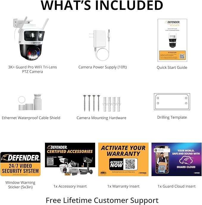 Defender AI Powered 3K+ Guard WiFi Tri-Lens PTZ Plug-in Power Outdoor Security Camera, 3-in-1 360°Smart View Camera, 8X Zoom, Human/Vehicle AI Detection, Blue/Red LED, WiFi 6, Works w/Guard App