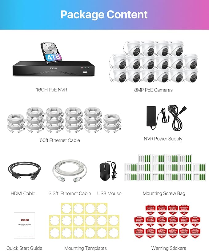 ZOSI 32CH 4K PoE Security Camera System,16pcs 8MP Dome Cameras,Person Vehicle Detection,Two-Way Talk,Spotlight Color Night Vision,16Port 32Channel NVR with 4TB HDD,24/7 Recording for Home/Business