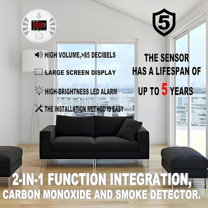 Carbon Monoxide and Smoke Detector Equipped with LCD Display, Battery Powered, Dual Sensor Alarm, 85dB Voice Alarm and Real-time CO Tracking, Suitable for Home/Kitchen/Bedroom/RV 2-Pack