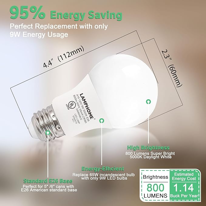 12-Pack Daylight White LED Bulbs - Brighten Your Bedroom & Living Room, 60W Equivalent, 5000K,9W, 15000-Hour Life, E26 Base