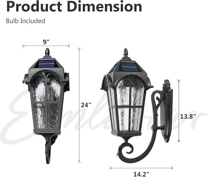 Emliviar Exterior LED Solar Wall Sconce with Remote Control, 24'' Front Door Wall Lantern with Water Glass Shade, Waterproof Solar Black Wall Light with E26 Bulb, YXE302MB-SL BK