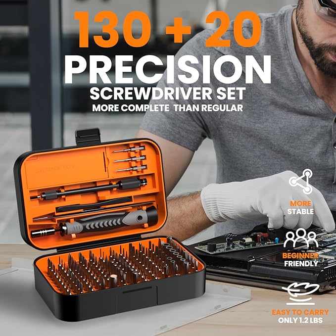 150 IN 1 Precision Screwdriver Set, 120 Bits Full Range Small Screwdriver Set, Magnetic Mini Repair Tool Kit for Ring Doorbell, Laptop, Switch, PS5, Xbox, Macbook, iPhone, Watch, Glasses - Orange