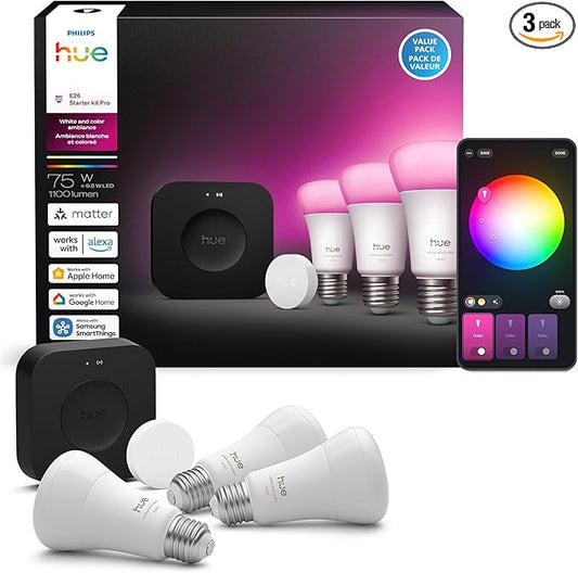 Philips Hue Starter Kit: Bridge Pro + 3 A19 E26 Smart Bulbs + Button, White & Color Ambiance, Smart Light Hub, Works with Apple Home, Alexa, Google, Samsung SmartThings