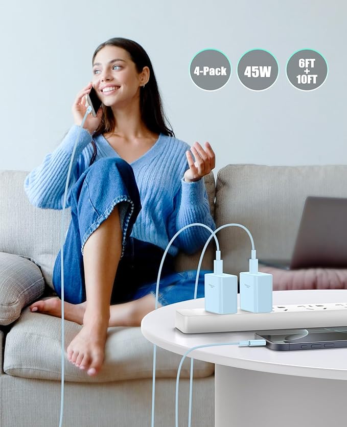 2 Pack 45W Super Fast Charger Type C for Samsung, USB C Android Phone Charger Fast Charging Block with 6FT/10FT Type C Charger Cord for Samsung Galaxy S25/S24/S23/S22+ Ultra/iPhone 17/16/15-Blue