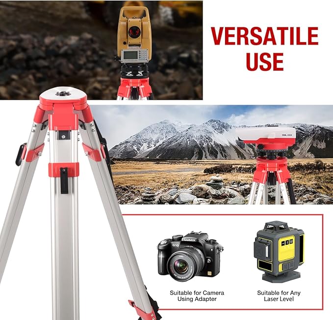 Heavy-Duty Aluminum Surveyor/Transit Tripod with 5/8”x11 Quick Clamp - Universal Leveling Equipment for Construction, Laser, Auto & Surveying