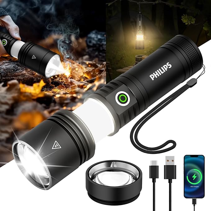 PHILIPS Flashlights High Lumens Rechargeable,2000lm Tactical Flashlights with Camping Lamp&Ignition Lens,2 Colors,Zoomable,5Modes,Reverse Charging,LED Bright Flashlight for Home,Outdoor,Gift