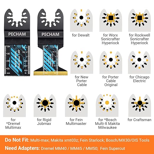 PECHAM Oscillating Tool Blade, 34PCS Universal Wood Metal Oscillating Multitool Quick Release Saw Blades Fit Porter Cable Black & Decker Rockwell Ridgid Ryobi Milwaukee DeWalt Chicago Craftsman