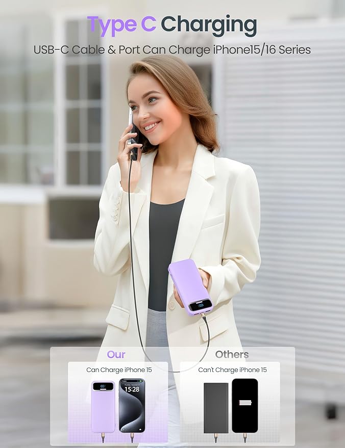 12000mAh Lightweight-Portable-Charger-Power-Bank with Built-in Cables and AC Wall Plug, PD20W USB-C Fast Charging Battery Pack, LED Display External Travel Phone Charger for All iPhone,Samsung,Android