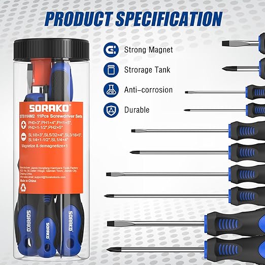 SORAKO 11-Piece Magnetic Screwdriver Set, 5 Phillips and 5 Slotted Tips, Include Magnetizer, Screwdriver with Professional Non-Slip Grip, for Home Repair and DIY Projects,With Case