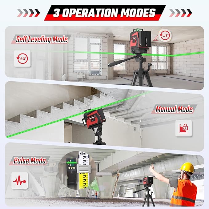 Laser Level with Tripod, 3x360° Green Line Laser Tool with Self-Leveling & Manuel Models, Remote/Touch Control, Rechargeable Battery for Picture Hanging, Tile, Home Renovation (Bag Included)