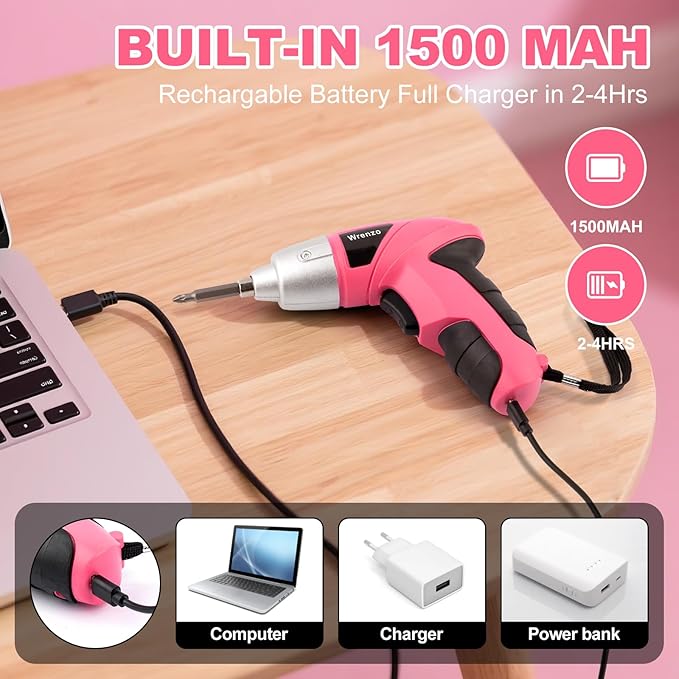 116 Pieces Pink Cordless Electric Screwdriver 3.6V Set Cordless & Rechargeable with Driver Bit Set for women 1500mAh Battery, LED Light for Furniture/Electrical Repairs