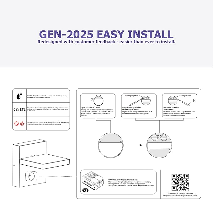 Lustrlach Outdoor Motion Sensor Wall Light LED Exterior Lighting Fixture for House Modern Porch Light Aluminum with Adjustable Head IP54 Waterproof Sconce for Patio Garden Garage,Black