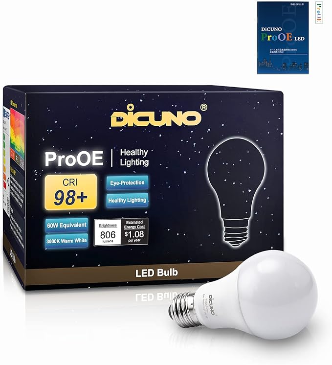 DiCUNO ProOE A19 LED Bulbs 60W Equivalent, 3000K Warm White, 806 Lumens 9W LED Light Bulb, High CRI 98, Non-dimmable, 100-240V, E26 Medium Base, Frosted, Pack of 6