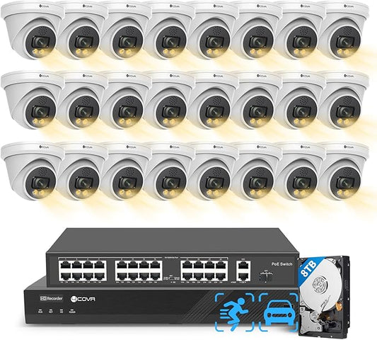 4COVR 4K 32 Channel Security Camera System PoE 2-Way Talk & Dual Lights Smart Full Color Night Vision, AI Human Vehicle Detection, UHD NVR 8TB HDD, 24X 8MP Business Dome IP Camera IP67, LY97KA8M3224