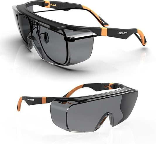 DEX FIT Safety Work Over Glasses SG210 OTG; Z87 Eye Protection for Men & Women, Fog & Scratch Resistant, Adjustable, UV Blockective (Black & Orange Frame, Tinted Lens)