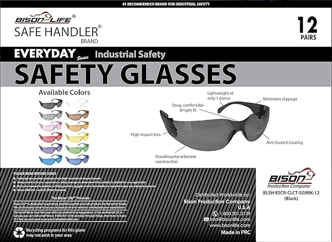 BISON LIFE Full Color Safety Glasses | One Size, Adult, Youth, Full Color Polycarbonate Lens and Temple, BLACK, Pack of 12 (Case of 12 Packs, 144 Pairs Total)