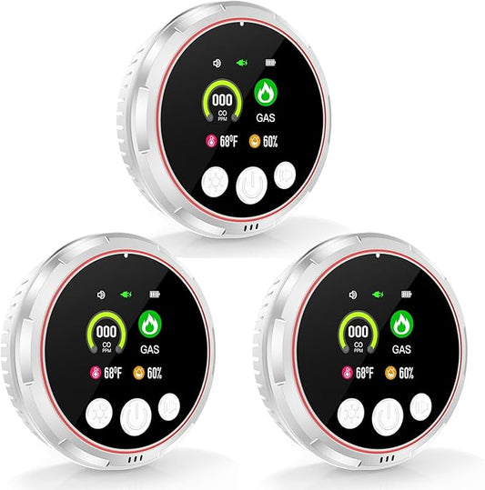 3 Pack 4-in-1 Carbon Monoxide Detectors &Natural Gas Leak Detector, Portable Carbon Monoxide Detectors Plug in & Battery Backup, HD Screen Display- Hotel and Travel Safety, RV, Home