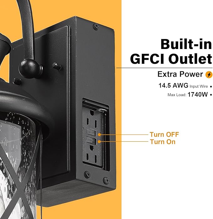 Darkaway Motion Sensor Outdoor Wall Light, Dusk to Dawn Outdoor Porch Light with GFCI Outlet Waterproof Exterior Wall Sconce with Seeded Glass Black Wall Mount Lighting Fixture for House Patio Garage