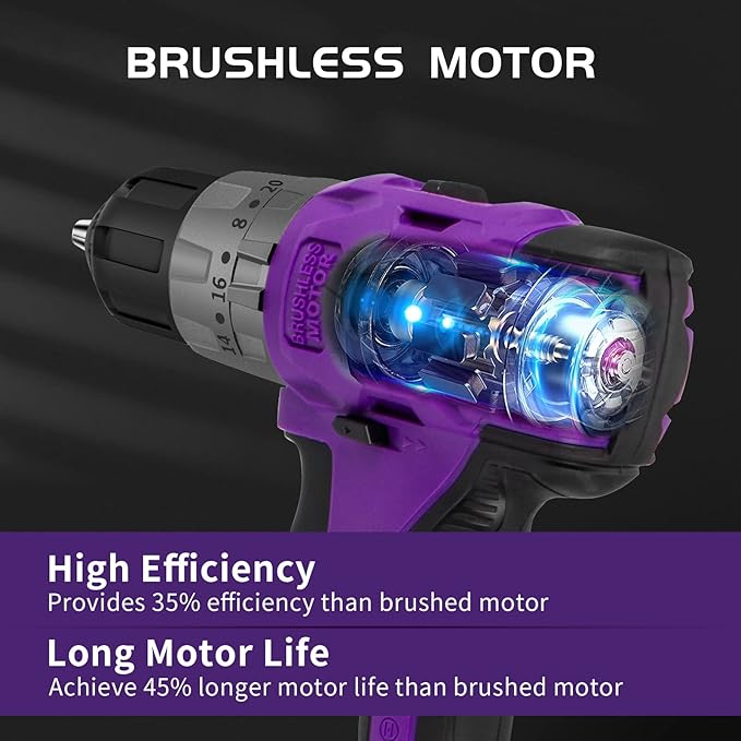 Brushless Cordless Drill Set, 20V Compact Power Driver, Purple Electric Motor, 20+3 Torque Setting, 48 N.m, 2 Variable Speed, 23pcs Driver Bits, With Tool Box