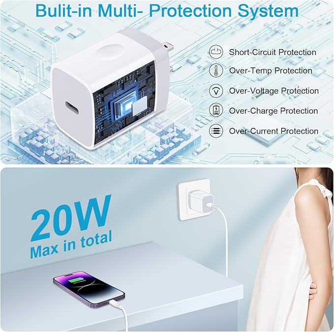 USB C Wall Charger,20W PD 3.0 Fast USB C Charger Plug Type C Charging Block Power Adapter for Samsung Galaxy S25 Edge/S25 Ultra/S24/S23/S22/S21/S20/A16/A15/A14/A55/A35/A36/A56/iPhone 16e/16 Pro Max/15