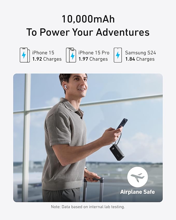 Anker Nano 3-in-1 Portable iPhone Charger, 10,000mAh Power Bank with Built-in USB-C Cable and Foldable Wall Plug, 30W Max Battery Pack, Travel Essentials for iPhone 16/15 Series, Galaxy, MacBook