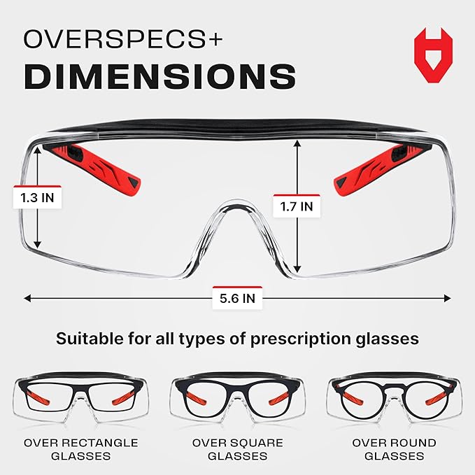 NoCry Safety Glasses That Fit Over Your Prescription Eyewear. Clear Anti-Scratch Wraparound Lenses, UV400 Protection, ANSI Z87 & OSHA Certified. Use in the Lab, Travelling, Black & Red (10-pack)