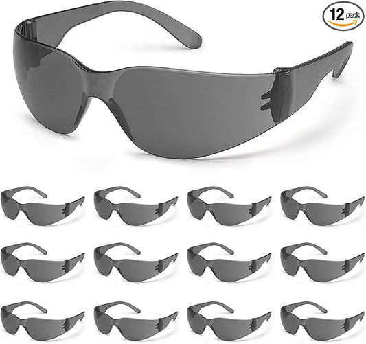 ATERET 12 Pairs Safety Glasses, Scratch and Impact Resistant, Polycarbonate ANSI Z87.1 Lens, Protective Eyewear for Lab, Industrial, Carpentry, Shooting (Grey)