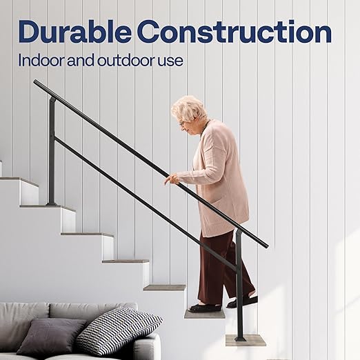 VIVOHOME 2-Pack 6 Step Hand Rails for Outdoor Steps, Galvanized Steel Railing, Black Oval Exterior Hand Railing for Porch, Deck, or Indoor Stairs, Railing Kit