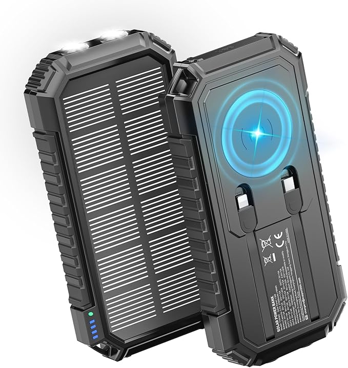 Riapow Solar Charger Power Bank, 27000mAh Wireless Portable Charger Built-in Cables, 22.5W Fast Charging Battery Bank with USB C in/Output, PD QC 3.0 Battery Pack Flashlights Outdoor (Black)