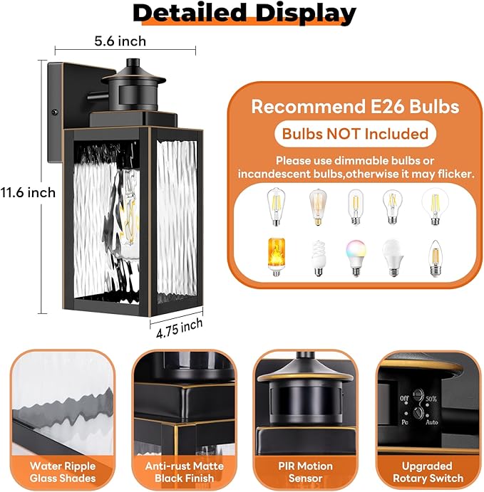 11.6" Motion Sensor Outdoor Wall Lights, Waterproof Exterior Lighting Fixtures with Water-Rippled Glass, Bronze Modern Outside Wall Sconce Lanterns for House, Porch, Garage, Patio, Bulbs Not Included