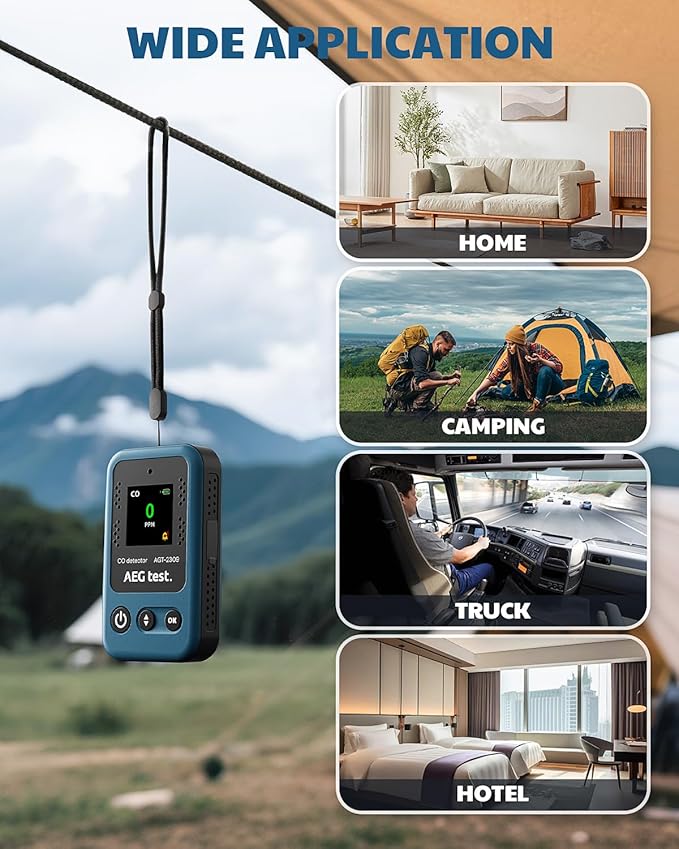 AGT-2309 Portable Carbon Monoxide Detector, 15-Day Standby, Rechargeable Mini CO Monitor with Lanyard for Travel & Camping, Handheld CO Meter with Audible & Visual Alerts, 0-1000ppm - Blue