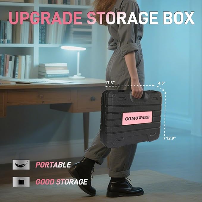 COMOWARE Home Tool Kit with Pink Drill, 195PCS Household Tool kit with 12V Cordless Power Drill, Power Drill Sets Home Repairing Tool Sets with Storage Case for Women