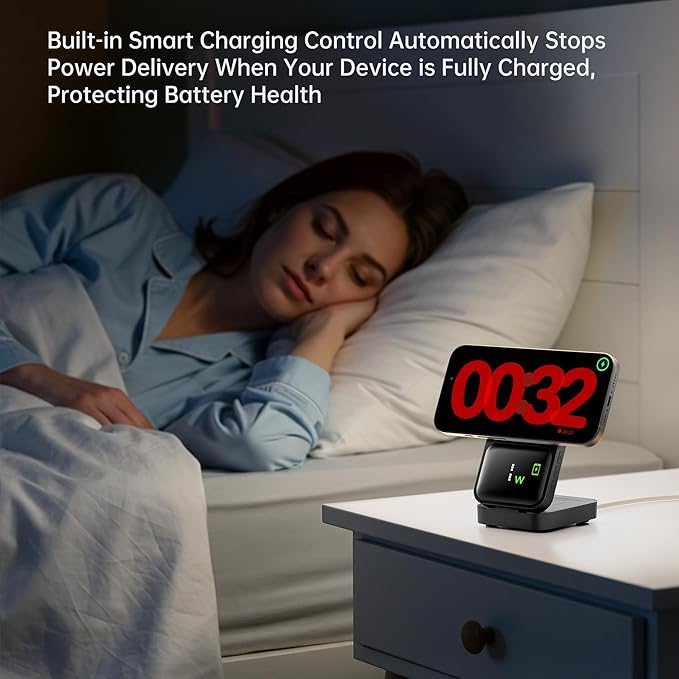 GUSGU 3 in 1 Wireless Charging Station with Real-Time Power and Time Display, Foldable Charging Stand, Compatible with iPhone 17/Air/16/15/14/13/, Apple Watch Series 11/SE3/ Ultra 3, AirPods Pro 3