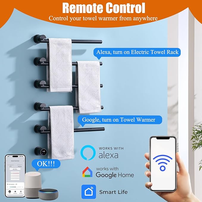 Heated Towel Rack Concealed Smart, 93W Swivel Electric Towel Warmer for Bathroom, Built-in Modular Electric Towel Rack with Timer, Thermostat, LED Display, APP, 5 Bar 180° Rotation, Hardwired, Black