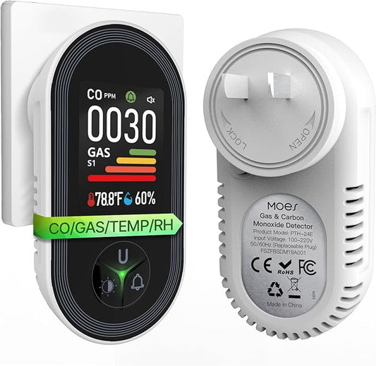 MOES 4-in-1 Carbon Monoxide & Gas Detector Plug in, with Real-Time Temperature & Humidity Display, Alarm for Natural Gas, Propane