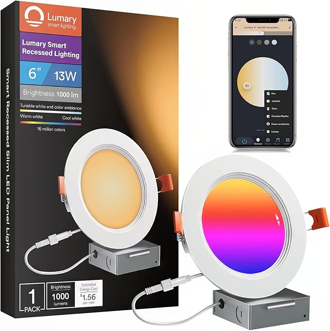Lumary 6 Inch Smart WiFi Recessed Lighting, RGBWW Canless LED Wafer Downlight, 13W 1000Lm Color Changing, Ultra-Thin w/Anti-Glare Baffle, Compatible with Alexa/Google/Remote-Included, 1PC