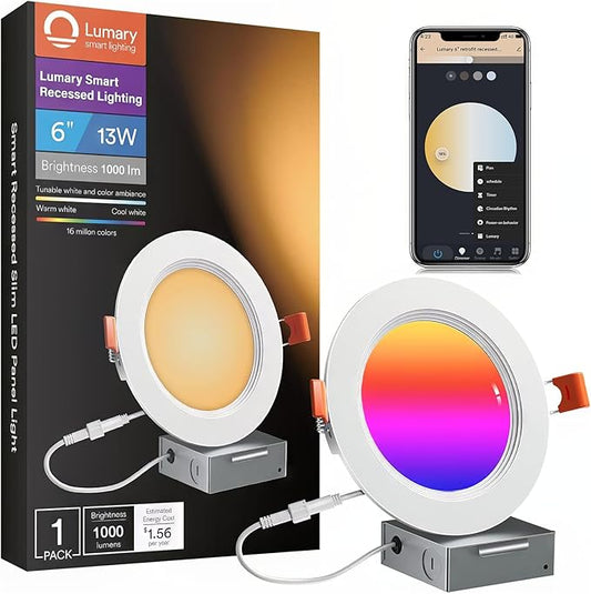 Lumary 6 Inch Smart WiFi Recessed Lighting, RGBWW Canless LED Wafer Downlight, 13W 1000Lm Color Changing, Ultra-Thin w/Anti-Glare Baffle, Compatible with Alexa/Google/Remote-Included, 1PC