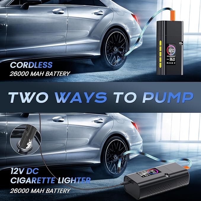 180PSI Tire Inflator Portable Air Compressor, 26000mAh Portable Tire Inflator for Car,5X Fast Electric Bike Air Pump with Digital LCD Pressure Gauge/LED Light/Power Bank, Bike, Motorcycle, Ball