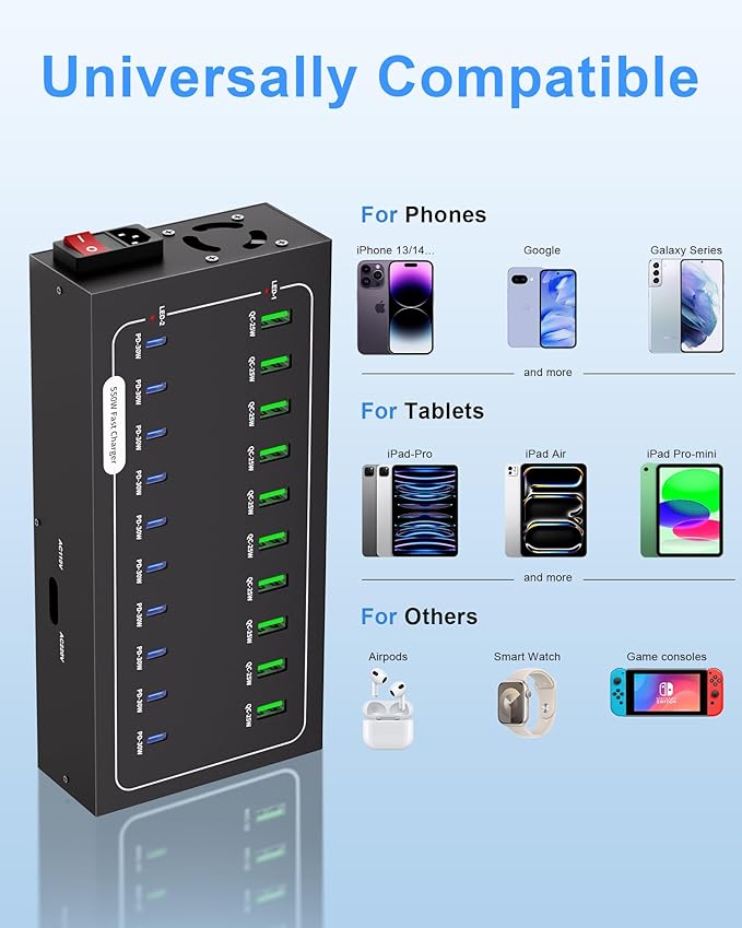 550W USB Charging Station, 20 Port Fast Charging Station for Multiple Devices, PD3.0/QC4.0 Multi-Protocol, Smart Power Delivery & Overload Protection for iPhone, iPad, Tablet, and More