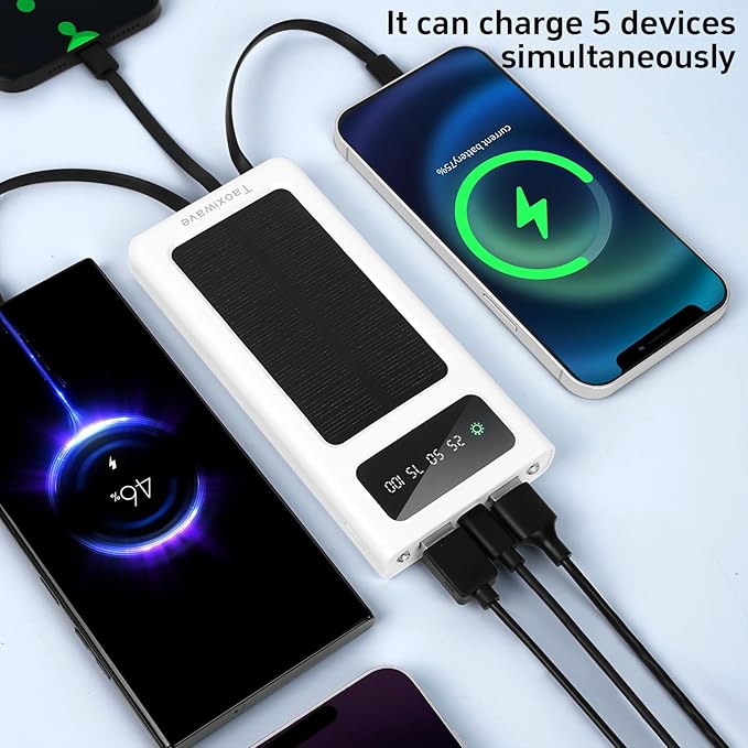 Power-Bank - 20000mAh Portable Charger,Solar Power Bank,Camping External Backup Battery Pack,Fast Solar Panel Charger with Dual Flashlight and 4 USB Cables (White)