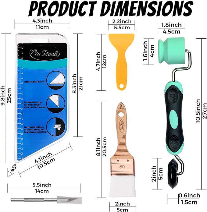 Wallpaper Smoothing Tools, 10pcs Wallpaper Kit with Silicone Flat & Corner Seam Roller, Squeegee and Wallpaper Paste Brush for Smoothing Wall paper Peel and Stick Vinyl Application