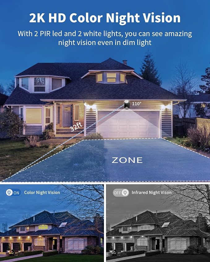 Security Cameras Wireless Outdoor, Battery Powered 2k Color Night Vision, AI Motion Detection Spotlight Siren, IP66 Weatherproof, 2-Way Talk, SD/Cloud Storage, 2.4Ghz WiFi Cameras for Home Security