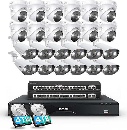 ZOSI 32CH 4K PoE Security Camera System, Face Person Vehicle Detection, 2 Way Audio, Spotlight Siren, 24pcs 8MP Outdoor Indoor IP Cameras, 32 Channel 4K NVR with 8TB HDD for 24/7 Recording