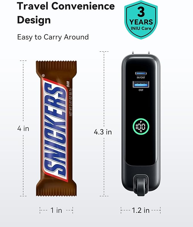 INIU 3-in-1 Portable Charger, Small 10000mah 30W Fast Charging Power Bank with Built-in USB C Cable and Foldable AC Plug, Flight Cruise Ship Travel Phone Charger for College Students Boys Girls, Pink