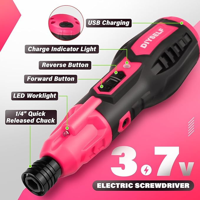 DIYSELF Electric Screwdriver Cordless Rechargeable 3.7V Power Screwdriver with LED Light 28-Piece Small Electric Screwdriver Kit Includes Bits, Magnetic Bit Holder, USB Charging Cable, Carrying (Pink)