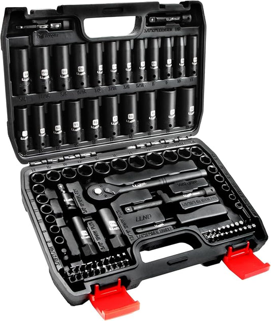 Impact Socket Set 3/8 Drive,95Pcs Deep&Shallow Socket Wrench Set,6 Point Metric&Standard Full |5/16"-3/4",8-22mm| with Spark Plug Sockets,72T Ratchet Handle, Screwdrivers for Automotive&Home